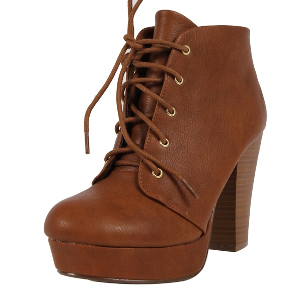 Tan Faux Leather Lace Up Platform Stack Block Heel - Picture 2 of 8